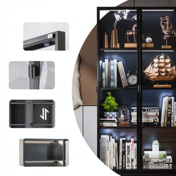 Kelueo Glass Display Cabinet with LED Light 63x31.5x15.75 Black-4