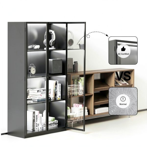 Kelueo Glass Display Cabinet with LED Light 63x31.5x15.75 Black-5
