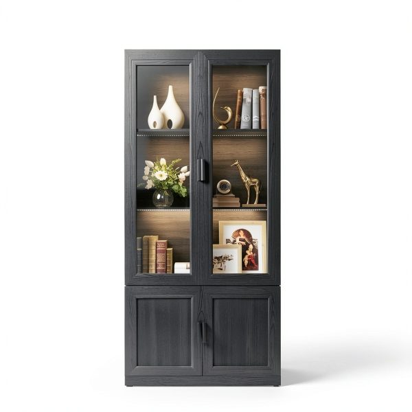 Display Cabinet with Acrylic Doors, 67" Tall Curio Cabinet with Storage and Shelves, Bookcase with 3 LED Lights, Trophy Case with Human Body Sensor for Books, Toys, Collections, Black-5