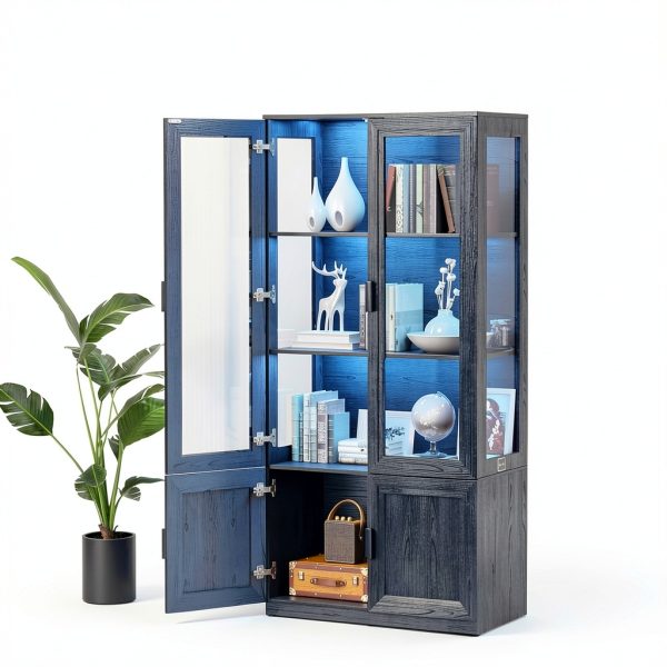 Display Cabinet with Acrylic Doors, 67" Tall Curio Cabinet with Storage and Shelves, Bookcase with 3 LED Lights, Trophy Case with Human Body Sensor for Books, Toys, Collections, Black-1