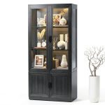 Display Cabinet with Acrylic Doors, 67" Tall Curio Cabinet with Storage and Shelves, Bookcase with 3 LED Lights, Trophy Case with Human Body Sensor for Books, Toys, Collections, Black-0