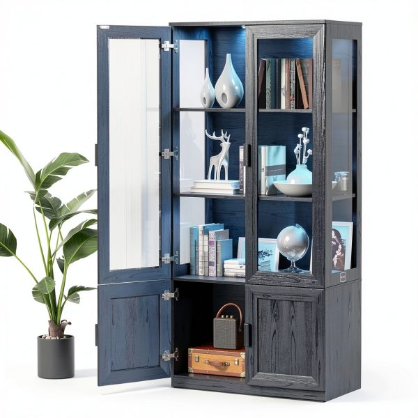 Display Cabinet with Acrylic Doors, 67" Tall Curio Cabinet with Storage and Shelves, Bookcase with 3 LED Lights, Trophy Case with Human Body Sensor for Books, Toys, Collections, Black-7