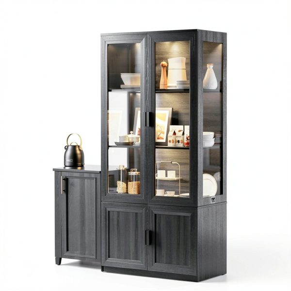 Display Cabinet with Acrylic Doors, 67" Tall Curio Cabinet with Storage and Shelves, Bookcase with 3 LED Lights, Trophy Case with Human Body Sensor for Books, Toys, Collections, Black-6
