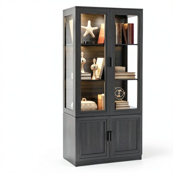 Display Cabinet with Acrylic Doors, 67" Tall Curio Cabinet with Storage and Shelves, Bookcase with 3 LED Lights, Trophy Case with Human Body Sensor for Books, Toys, Collections, Black-3