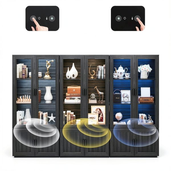 Display Cabinet with Acrylic Doors, 67" Tall Curio Cabinet with Storage and Shelves, Bookcase with 3 LED Lights, Trophy Case with Human Body Sensor for Books, Toys, Collections, Black-2